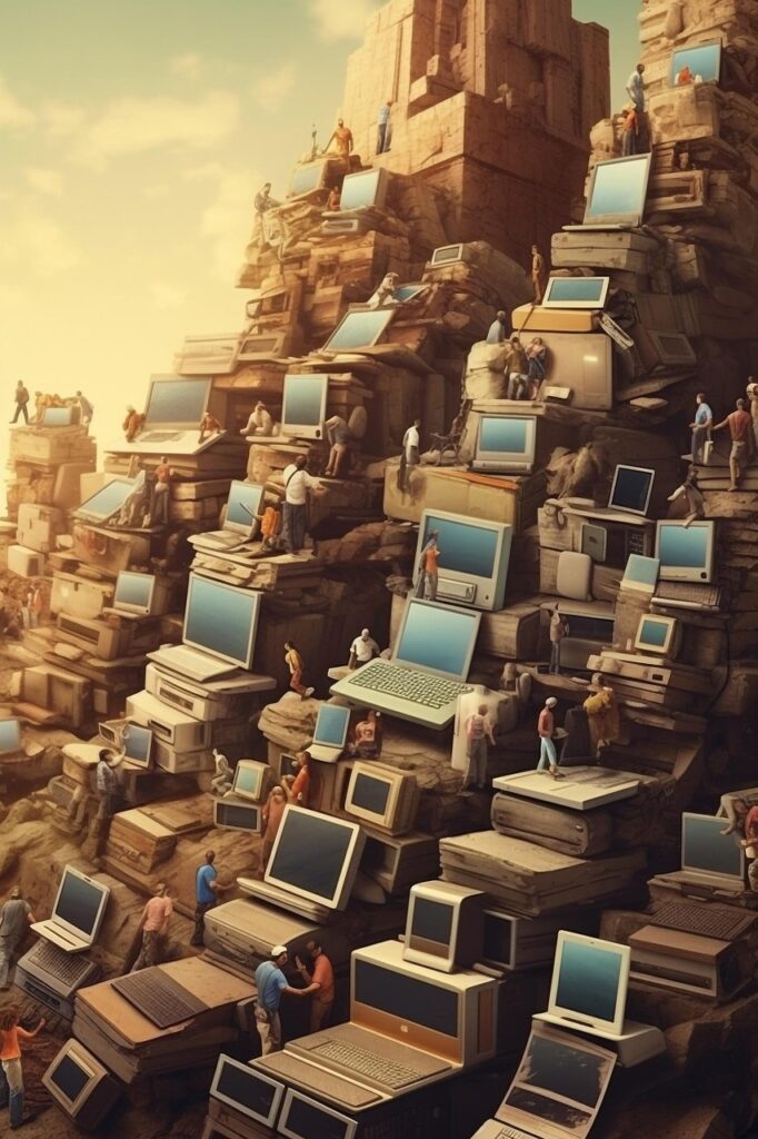 computers, desktops, ai-generated, laptop, nature, mountain, media, scrap metal, garbage, chatbot, technology, future, people, artificial intelligence, ai, development